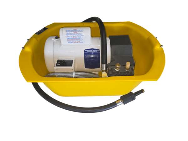 E150X Electric Series Compressor System by Brownie's in yellow housing with Baldor motor and air fittings