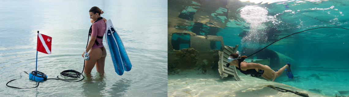 Combination of two images showing the BLU3 Nomad Dive System in use. Left: A diver standing in shallow water with fins and the Nomad system with a dive flag. Right: A diver underwater exploring a wreck with the Nomad system, connected by a hose.