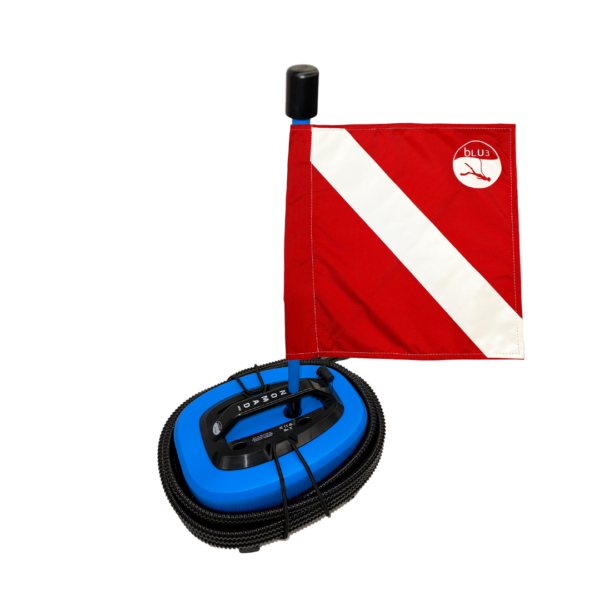 BLU3 Nomad Mini Dive System with a red and white dive flag, showcasing its compact and lightweight design for shallow water diving.